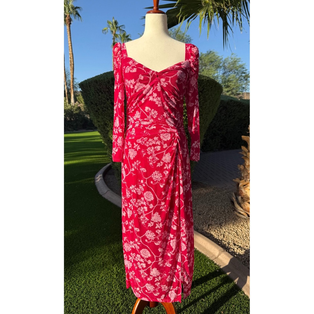 House of Harlow 1960 Magenta Pink Floral Mesh Ruched Midi Dress Womens Small